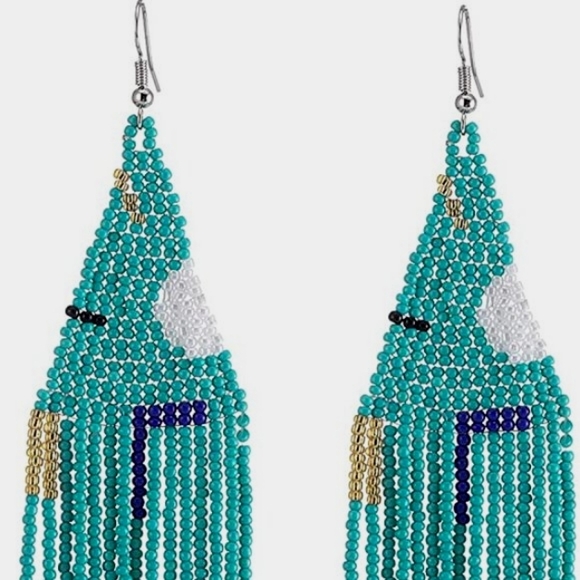 Long 5" Multicolor Abstract Turquoise Handmade Beaded Oversized Boho Earrings - Picture 3 of 6